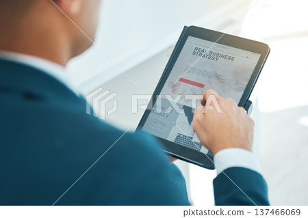 Business man, hand and tablet, screen and website with strategy, reading corporate news and research. Digital, professional project planning and scroll online with article, information for growth 137466069