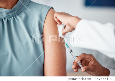 Hands, medical and doctor with patient for vaccine in a clinic for healthcare treatment for prevention. Closeup of a nurse doing a vaccination injection with a needle syringe in a medicare hospital. 137466100