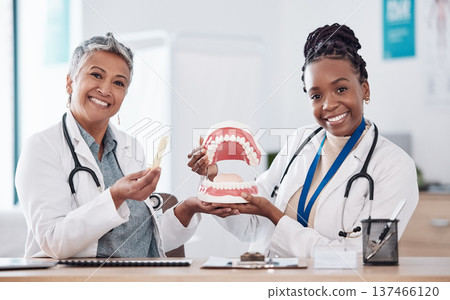 Dentures, healthcare team or portrait of dentist for dental wellness, teeth whitening or oral care. Happy, medical clinic or orthodontist smile with mold for mouth hygiene, tooth or mouth cleaning 137466120