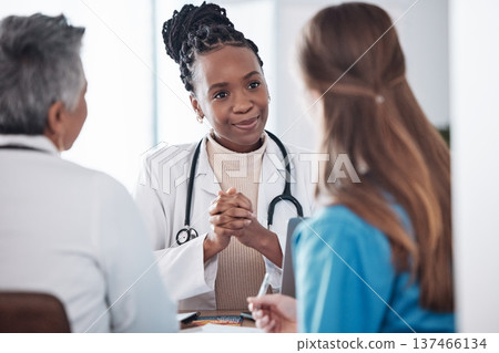 Teamwork, doctors or black woman in meeting or discussion for hospital schedule or collaboration. Leadership, group or nurses talking or speaking of medical healthcare research, report or news update Teamwork, doctors or black woman in meeting or discussion for hospital schedule or collaboration. Leadership, group or nurses talking or speaking of medical healthcare research, report or news update 137466134