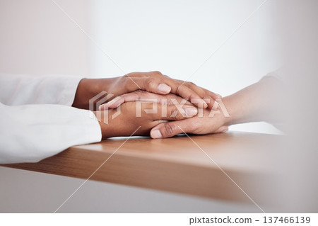 Medical, comfort and doctor holding hands with patient for support, sympathy or unity in clinic. Empathy, care and closeup of healthcare worker consoling person for diagnosis consultation at hospital Medical, comfort and doctor holding hands with patient for support, sympathy or unity in clinic. Empathy, care and closeup of healthcare worker consoling person for diagnosis consultation at hospital 137466139