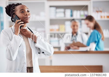 Pharmacist, woman and phone call for customer support, medicine stock and inventory communication or retail service. Medical and african doctor on mobile, chat and pharmacy contact for healthcare FAQ 137466140