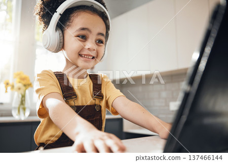 Headphones, tablet and kid elearning in home, happy and online education for homeschool. Excited, technology and boy child on video call, studying on internet and listening to music in virtual class 137466144