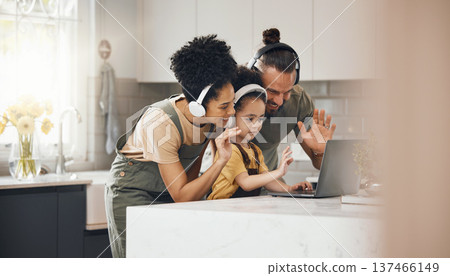 Interracial parents, kid and video call with laptop, headphones and wave hello with smile in kitchen. Mother, father and child with computer, happy and contact with webinar with chat in family home Interracial parents, kid and video call with laptop, headphones and wave hello with smile in kitchen. Mother, father and child with computer, happy and contact with webinar with chat in family home 137466149