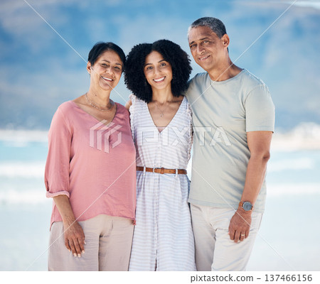 Beach, portrait of senior parents and woman together with smile, love and hug on summer holiday in Mexico. Embrace, happy family and mature mom, dad and daughter on ocean holiday travel in nature. Beach, portrait of senior parents and woman together with smile, love and hug on summer holiday in Mexico. Embrace, happy family and mature mom, dad and daughter on ocean holiday travel in nature. 137466156