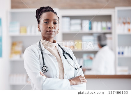 Pharmacy, pharmacist or portrait of black woman with arms crossed in healthcare clinic or drugstore. Proud nurse, wellness or confident African doctor by medication or medicine on shelf ready to help Pharmacy, pharmacist or portrait of black woman with arms crossed in healthcare clinic or drugstore. Proud nurse, wellness or confident African doctor by medication or medicine on shelf ready to help 137466163