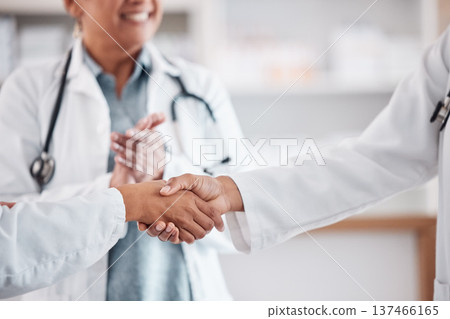 Clapping, teamwork or doctors shaking hands for success, good job or promotion goal in a hospital meeting. Closeup, congratulations or proud healthcare worker with handshake for medical collaboration Clapping, teamwork or doctors shaking hands for success, good job or promotion goal in a hospital meeting. Closeup, congratulations or proud healthcare worker with handshake for medical collaboration 137466165
