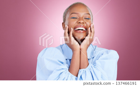 Makeup, mockup or happy black woman with beauty or smile in studio isolated on purple background. Face dermatology, brand space or natural African model with glow, skincare or cosmetology cosmetics Makeup, mockup or happy black woman with beauty or smile in studio isolated on purple background. Face dermatology, brand space or natural African model with glow, skincare or cosmetology cosmetics 137466191