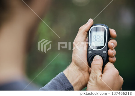 Glucose, fitness and hands with glucometer for diabetes and blood sugar test, check and monitor. Healthcare, medical care and closeup of person for inspection after training, exercise and workout Glucose, fitness and hands with glucometer for diabetes and blood sugar test, check and monitor. Healthcare, medical care and closeup of person for inspection after training, exercise and workout 137466218