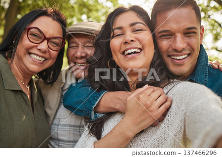 Family, parents and selfie by couple on a vacation or holiday happy together and with outdoor social media picture. Smile, portrait and mother bonding with children and father in nature for travel Family, parents and selfie by couple on a vacation or holiday happy together and with outdoor social media picture. Smile, portrait and mother bonding with children and father in nature for travel 137466296
