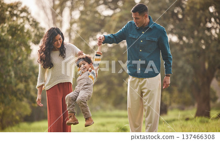 Holding hands, park and parents play with kid in nature for fun, bonding and relax together. Happy family, childhood and mother, father and young boy jump outdoors on holiday, adventure and vacation Holding hands, park and parents play with kid in nature for fun, bonding and relax together. Happy family, childhood and mother, father and young boy jump outdoors on holiday, adventure and vacation 137466308