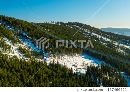 Sky Bridge 721, the longest suspension footbridge between two hills, stretching over a forest landscape in winter in Dolni Morava, Czech Republic. Sky Bridge 721, the longest suspension footbridge between two hills, stretching over a forest landscape in winter in Dolni Morava, Czech Republic. 137466331