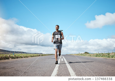 Sport, marathon runner and man on road outdoor, cardio or healthy body. Athlete, training and fitness exercise in competition, workout energy or race on street in wellness at countryside mockup space 137466338