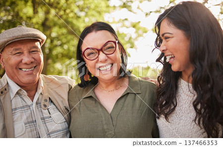 Portrait, mature parents and daughter laugh at retirement joke, goofy park journey or funny humour in wellness garden. Love, face and happy family woman, mama and cheerful papa bonding in Venezuela Portrait, mature parents and daughter laugh at retirement joke, goofy park journey or funny humour in wellness garden. Love, face and happy family woman, mama and cheerful papa bonding in Venezuela 137466353