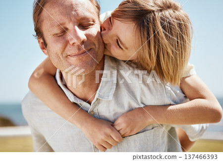 Happy father, child and kiss in piggyback, family bonding or outdoor weekend, holiday or summer break. Dad and son in hug, love or care for embrace, childhood or enjoying day together in nature Happy father, child and kiss in piggyback, family bonding or outdoor weekend, holiday or summer break. Dad and son in hug, love or care for embrace, childhood or enjoying day together in nature 137466393