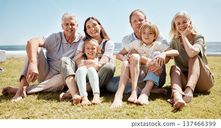 Portrait, big family and smile on vacation at beach, bonding and relax together. Grandparents, children and mother with father at ocean, happy or having fun to travel on summer holiday outdoor at sea Portrait, big family and smile on vacation at beach, bonding and relax together. Grandparents, children and mother with father at ocean, happy or having fun to travel on summer holiday outdoor at sea 137466399
