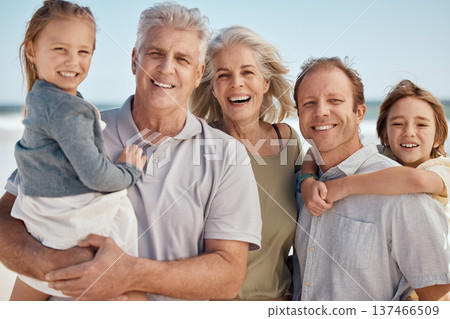 Portrait, holiday and big family on beach together, smile and summer vacation travel to tropical island. Men, women and children on happy ocean adventure with grandparents, parents and kids in Bali. Portrait, holiday and big family on beach together, smile and summer vacation travel to tropical island. Men, women and children on happy ocean adventure with grandparents, parents and kids in Bali. 137466509