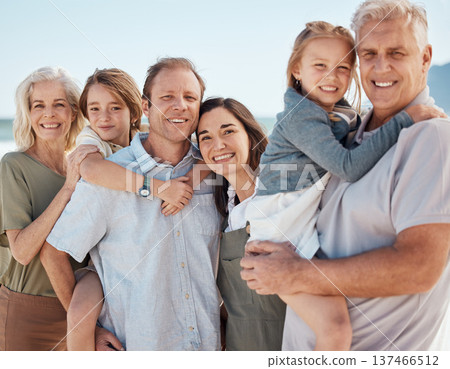Portrait, generations and big family on beach together, smile and summer vacation travel to tropical island. Men, women and children on happy ocean holiday with grandparents, parents and kids in Bali Portrait, generations and big family on beach together, smile and summer vacation travel to tropical island. Men, women and children on happy ocean holiday with grandparents, parents and kids in Bali 137466512
