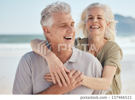 Senior, happy couple and hug on beach in support, love or care for bonding, weekend or break together. Elderly man and woman smile in happiness for holiday, vacation or outdoor getaway on ocean coast Senior, happy couple and hug on beach in support, love or care for bonding, weekend or break together. Elderly man and woman smile in happiness for holiday, vacation or outdoor getaway on ocean coast 137466521