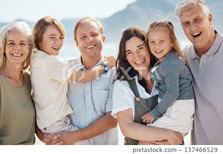 Portrait, love and big family on beach together, smile and summer vacation travel to tropical island. Men, women and children on happy ocean holiday with grandparents, parents and kids in Indonesia. Portrait, love and big family on beach together, smile and summer vacation travel to tropical island. Men, women and children on happy ocean holiday with grandparents, parents and kids in Indonesia. 137466529