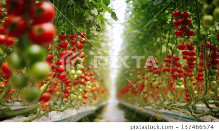 Tomato plants grow in a greenhouse aisle with hanging clusters of red and green tomatoes. Bright light shines through the panels, supporting the growth of the plants. 137466574
