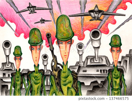 色鉛筆畫——士兵、坦克、戰鬥機、行軍 137466575