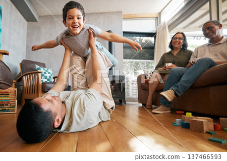 Airplane, portrait and boy child with father on a floor for playing, games and bond at home with grandparents. Flying, fantasy and excited kid with parent in living room for fun family time in house Airplane, portrait and boy child with father on a floor for playing, games and bond at home with grandparents. Flying, fantasy and excited kid with parent in living room for fun family time in house 137466593
