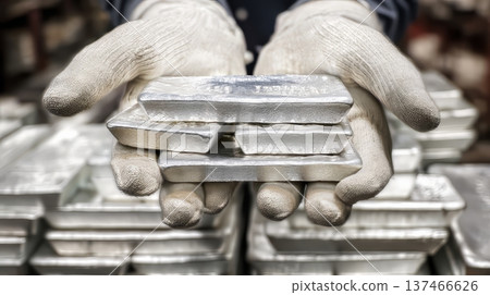 A person displays stacked silver bars with both hands in a factory environment. They wear protective gloves for safety while managing the shiny metal. A person displays stacked silver bars with both hands in a factory environment. They wear protective gloves for safety while managing the shiny metal. 137466626