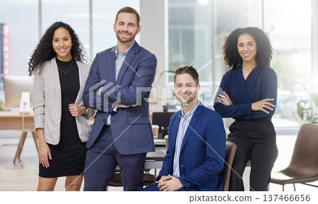 Happy, team and portrait of business people in office with confidence, smile and collaboration. Crossed arms, diversity and professional corporate lawyers working on legal case together in workplace. 137466656