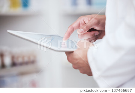 Pharmacy, research and hands on tablet for online prescription order, wellness app and telehealth. Healthcare, pharmaceutical and closeup of pharmacist on digital tech for website for medication Pharmacy, research and hands on tablet for online prescription order, wellness app and telehealth. Healthcare, pharmaceutical and closeup of pharmacist on digital tech for website for medication 137466697