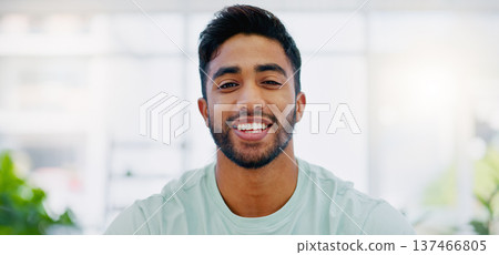 Face, smile and business man in office with pride for career, job or occupation. Portrait, professional and happy, confident and proud male entrepreneur from India with success mindset in workplace. 137466805