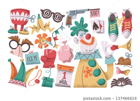 April Fools Day stickers with funny humorous clown character and classic prank related symbols 137466828