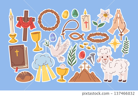 Spiritual and religious Easter stickers set with cross, tomb, lilies and Christian biblical elements Spiritual and religious Easter stickers set with cross, tomb, lilies and Christian biblical elements 137466832