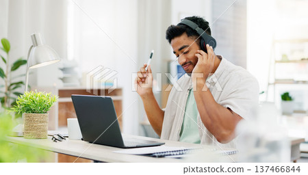 Music, office laptop or man dancing to rap, hip hop or techno rave audio while working on UX webdesign for multimedia system. Streaming media, listening to radio or web designer dance to podcast song Music, office laptop or man dancing to rap, hip hop or techno rave audio while working on UX webdesign for multimedia system. Streaming media, listening to radio or web designer dance to podcast song 137466844