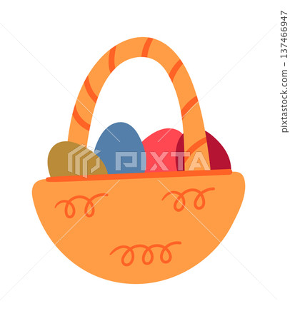 Wicker basket with Easter eggs Wicker basket with Easter eggs 137466947