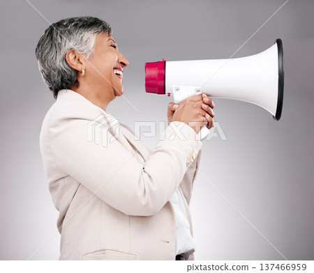 Business woman, megaphone and voice of news, broadcast or sale and announcement on a white background. Mature person, leader or happy speaker in noise, call to action and attention or deal in studio Business woman, megaphone and voice of news, broadcast or sale and announcement on a white background. Mature person, leader or happy speaker in noise, call to action and attention or deal in studio 137466959