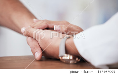 Hospital consultation, doctor holding hands or person support client with cancer diagnosis, crisis or medical problem. Clinic care, empathy or kindness of closeup nurse helping rehabilitation patient 137467095