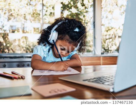 Online learning, headphones and child writing assessment at desk for creative education and development. Audio tech, study and kid with laptop for elearning, virtual help and reading growth at home 137467130