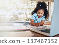 Elearning, laptop and child with notebook in kitchen, learning and education in home school. Online class, studying or writing exam, happy girl with homework in house for kindergarten project mockup. 137467152