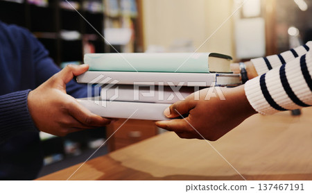 Hands, library and return books for learning, knowledge or research at academy, development or reading. People, giving and closeup with welcome, care and help desk with receptionist at university Hands, library and return books for learning, knowledge or research at academy, development or reading. People, giving and closeup with welcome, care and help desk with receptionist at university 137467191