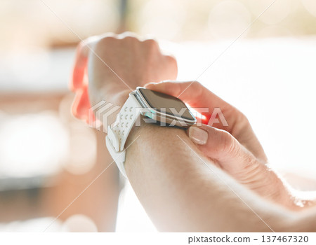 Smartwatch, person or hands of athlete for sports workout, heartbeat info or fitness progress on app. Personal trainer, exercise or closeup of person with timer to check or monitor gym data on clock 137467320