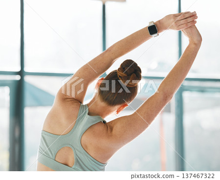 Gym, woman or athlete stretching back or ready to start gymnastics performance in sports training. Fitness, wellness or flexible girl gymnast in warm up for workout, practice or exercise in Texas Gym, woman or athlete stretching back or ready to start gymnastics performance in sports training. Fitness, wellness or flexible girl gymnast in warm up for workout, practice or exercise in Texas 137467322