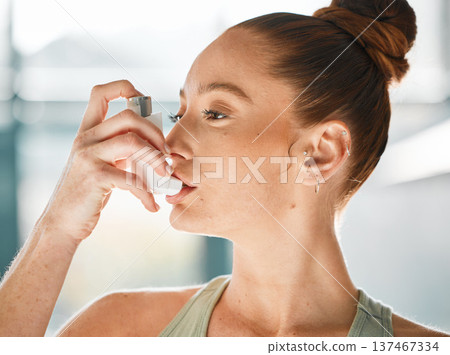 Woman, sports or breathe asthma pump for helping with health risk, cough treatment or air for gym exercise. Face, fitness athlete and spray medicine inhaler for lungs, oxygen and wellness for workout Woman, sports or breathe asthma pump for helping with health risk, cough treatment or air for gym exercise. Face, fitness athlete and spray medicine inhaler for lungs, oxygen and wellness for workout 137467334