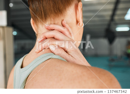 Fitness, neck pain or woman gymnast with injury after exercise, training or workout accident emergency. Hand closeup, sports athlete or back of injured girl with muscle inflammation in gymnastics 137467342