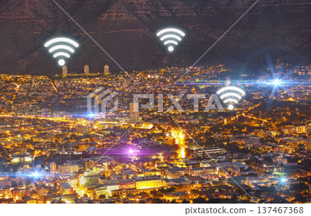 City, internet and wireless connectivity with buildings, technology abstract and communication with top view. Location, connection and urban landscape with light, cyber and digital transformation 137467368