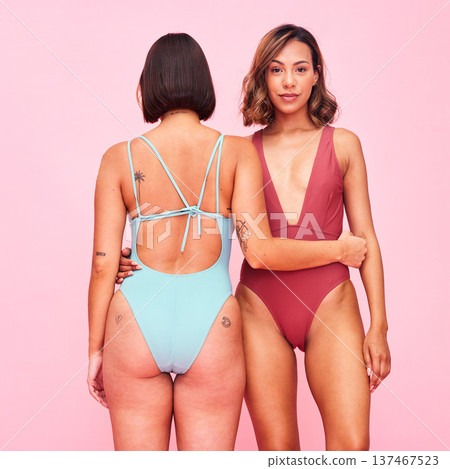 Bikini, fashion and portrait of friends with support, beauty and style of women on pink background in studio. Swimming costume, lingerie and face of model in hug or body positivity with confidence Bikini, fashion and portrait of friends with support, beauty and style of women on pink background in studio. Swimming costume, lingerie and face of model in hug or body positivity with confidence 137467523