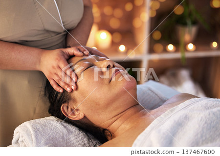 Relax head massage and senior with man in spa for wellness, facial treatment and hospitality. Peace, cosmetics and salon with customer and masseuse in hotel for health, vacation and physical therapy Relax head massage and senior with man in spa for wellness, facial treatment and hospitality. Peace, cosmetics and salon with customer and masseuse in hotel for health, vacation and physical therapy 137467600