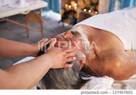 Facial, head massage and senior with man in spa for wellness, treatment and hospitality. Peace, cosmetics and salon with customer and masseuse in hotel for health, vacation and physical therapy Facial, head massage and senior with man in spa for wellness, treatment and hospitality. Peace, cosmetics and salon with customer and masseuse in hotel for health, vacation and physical therapy 137467605