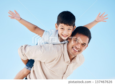 Portrait, piggy back and father with his son, outdoor and bonding with happiness, playful and fun. Face, happy dad carry kid or smile with travel, sun and summer vacation with love, support and care Portrait, piggy back and father with his son, outdoor and bonding with happiness, playful and fun. Face, happy dad carry kid or smile with travel, sun and summer vacation with love, support and care 137467626