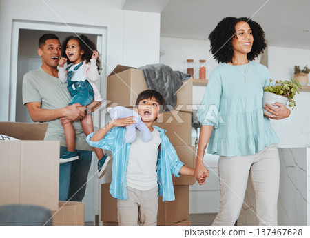 Happy kids, wow or excited parents in new home, real estate property investment or rental apartment. Surprise, shocked father or children walking or holding hands with mom in family house together Happy kids, wow or excited parents in new home, real estate property investment or rental apartment. Surprise, shocked father or children walking or holding hands with mom in family house together 137467628